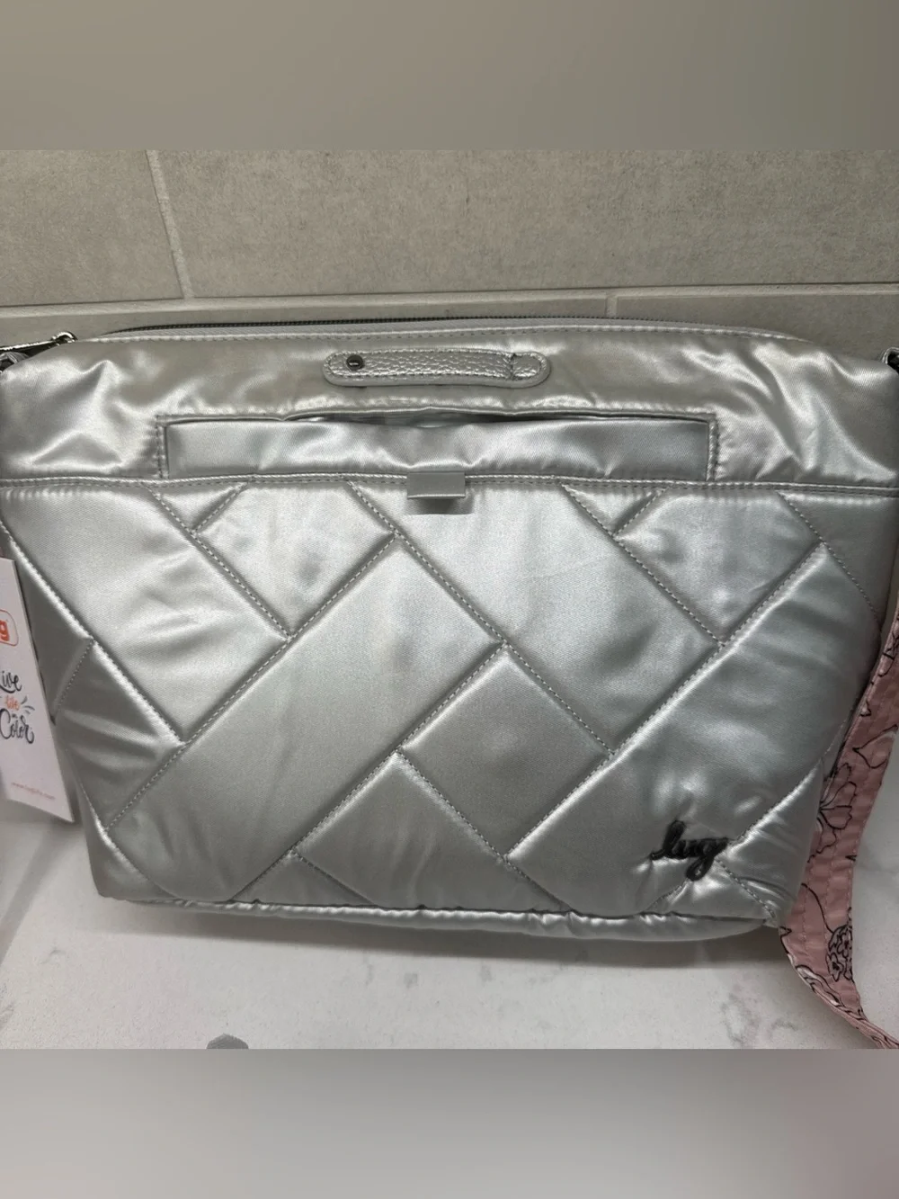 NWT lug Flare Metallic Silver Quilted Crossbody with Pink Floral & silver straps